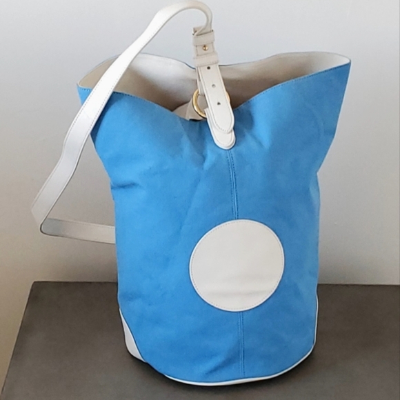 Diane Von Furstenburg Large Blue Canvas,White Leather Steamer Sling Bag, EUC - Picture 1 of 15
